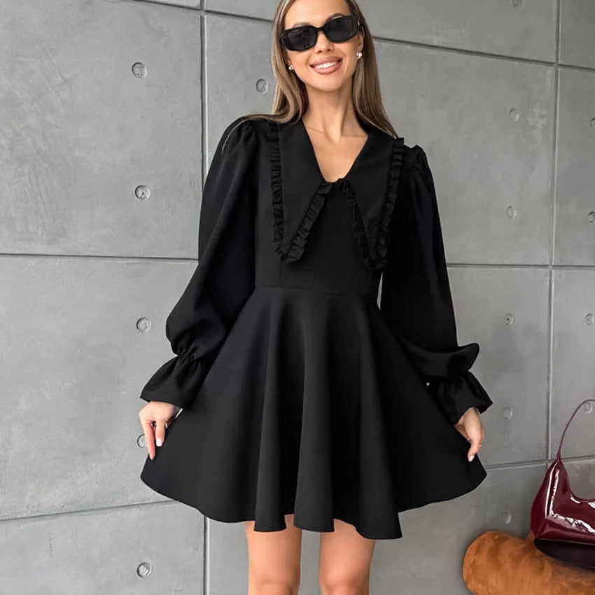 Women's Collar Bell Sleeve French Style Long Dresses