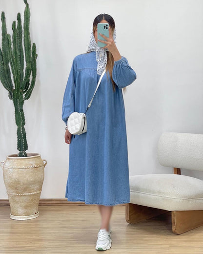 Round Neck Solid Color Loose Casual Long Dresses