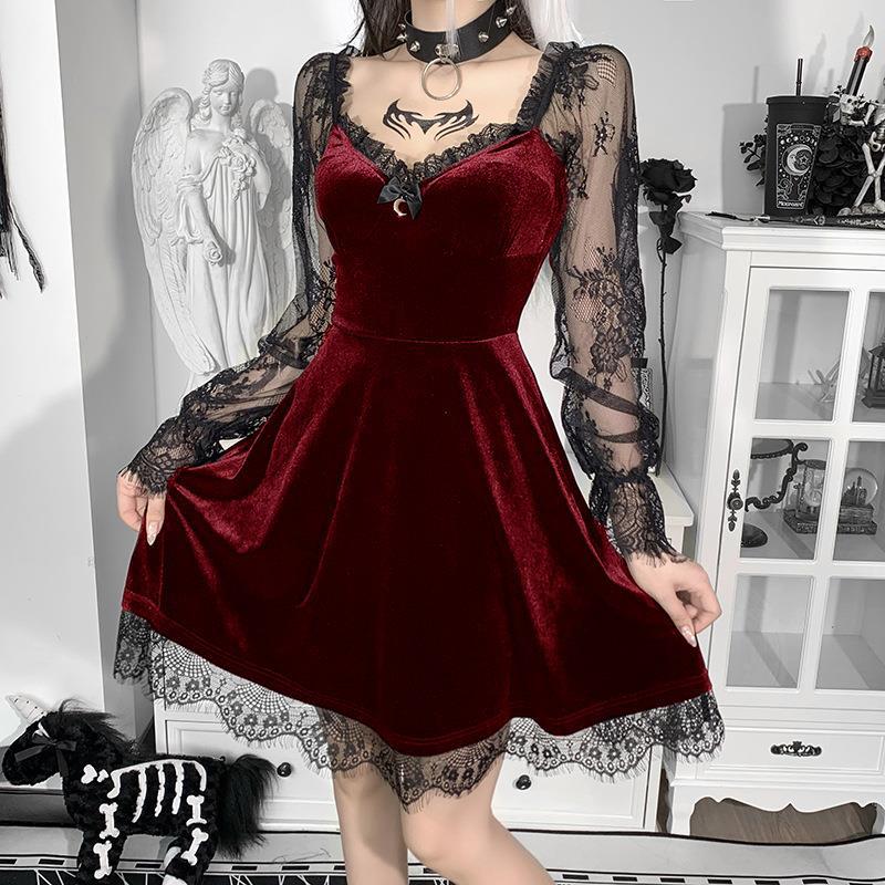 Women's Lace Stitching Long Sleeve Ruffled Waist Dresses