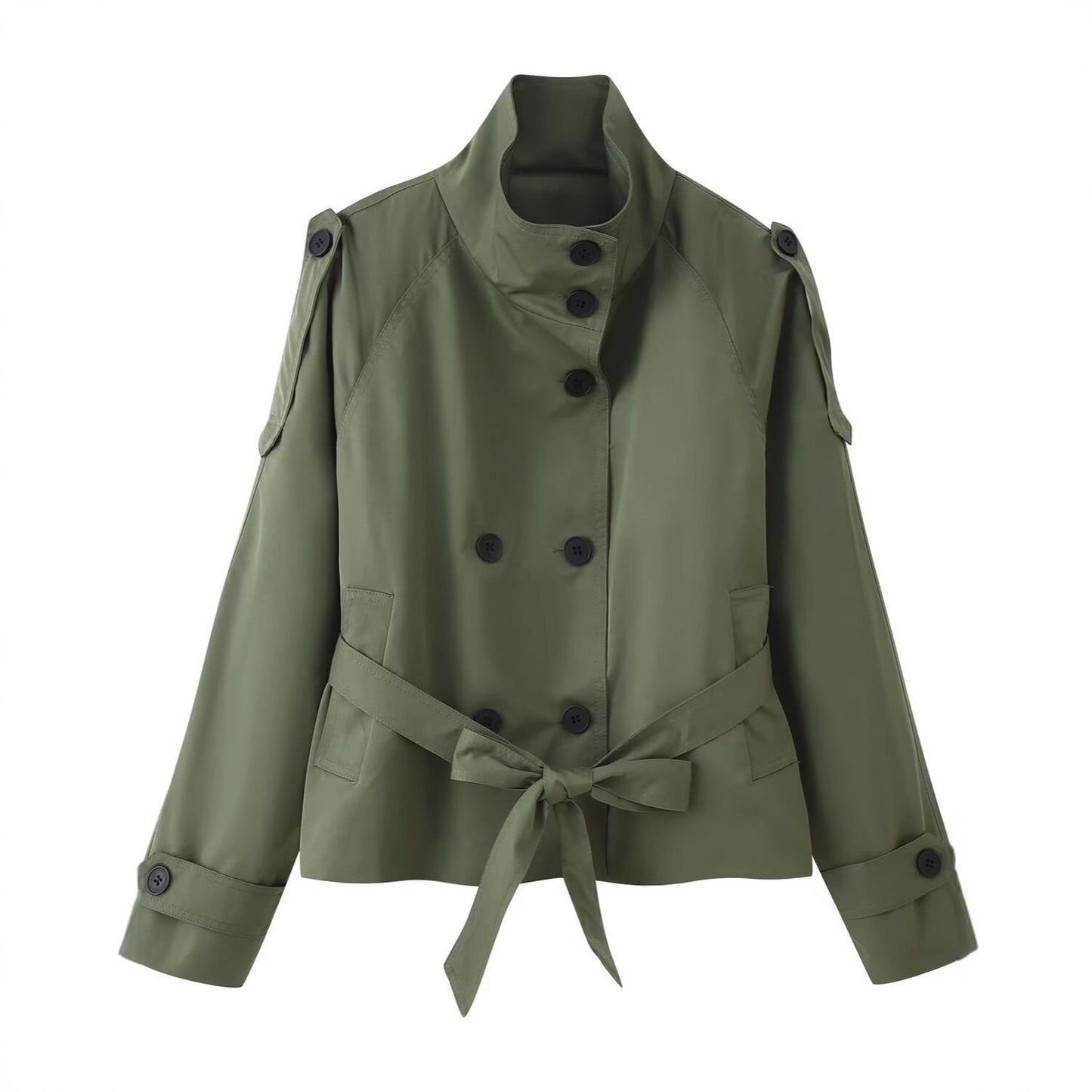 Women's Collar Long Sleeve Double Breasted Knotted Pocket Casual Coats