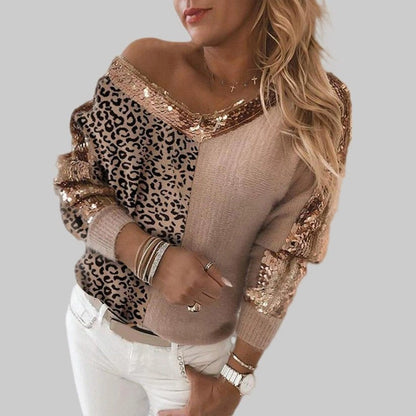 Women's Sequins Stitching Leopard Print Elegant Pullover Sweaters