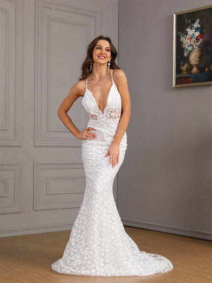 Women's Sexy Sleeveless Strap Trailing Slim Dress Wedding Dresses