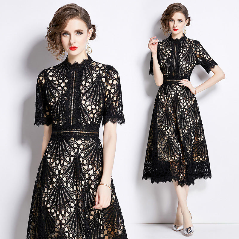 Women's Patchwork Round Neck Dress Summer Waist Slimming Dresses