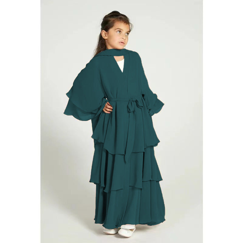 Children's Stitching Solid Color Waist Chiffon Elegant Long Dresses