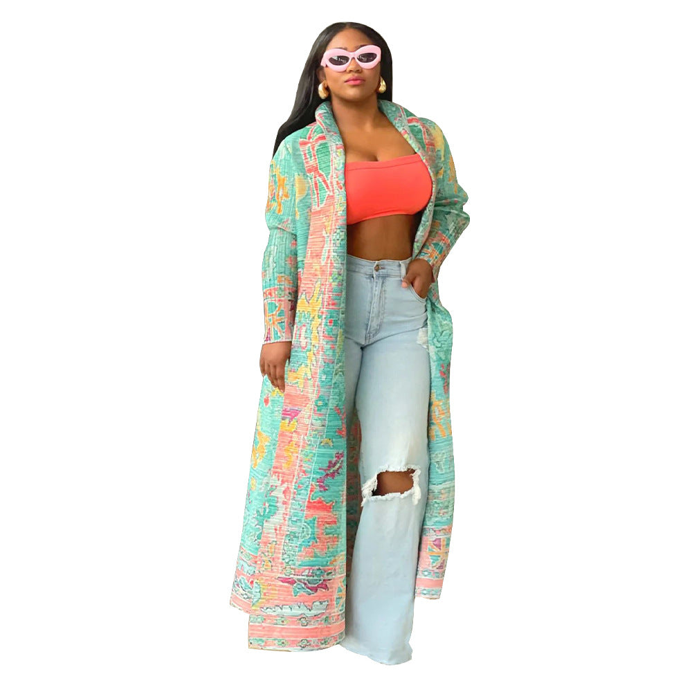 Women's Popular Pleated Printed Trench Long Coats