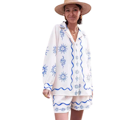 Trendy Fashion Printed Linen Leisure Shirt Shorts