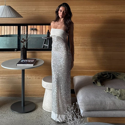 Women's Solid Color Long Style Close-fitting Sequins Dresses