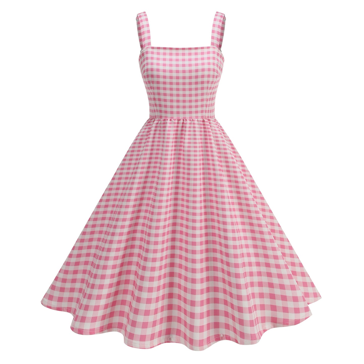 Pink Plaid Young Strap Long Dress Tops
