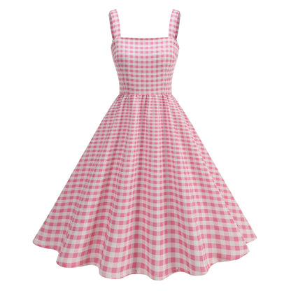 Pink Plaid Young Strap Long Dress Tops