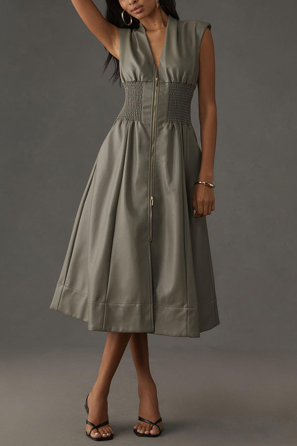 Women's French Dress Retro Sleeveless Leather Zipper Dresses
