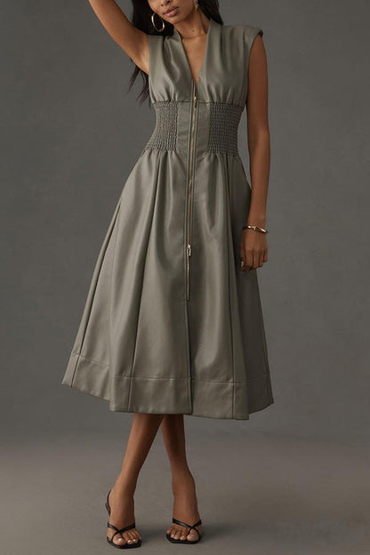Women's French Dress Retro Sleeveless Leather Zipper Dresses
