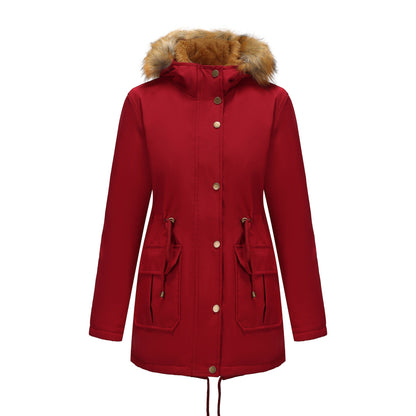 Women's Fleece-lined Parka Hooded With Fur Collar Mid-length Coats
