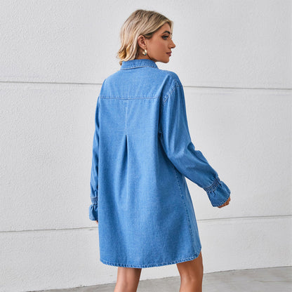 Elegant Loose Wash Denim Dress Midi Tops