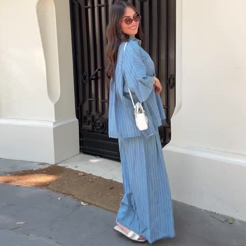 Women's Autumn Collar Loose Casual Striped Suits