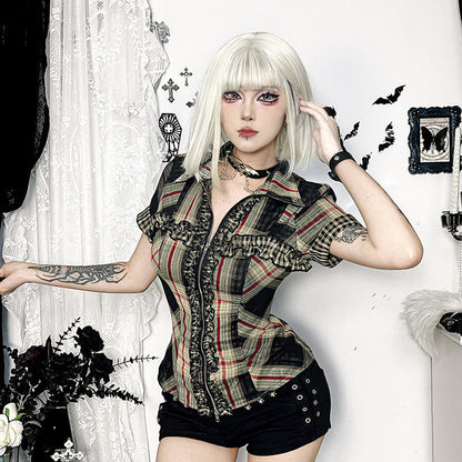 Women's Dark Plaid Shirt Hot Style Zipper Blouses