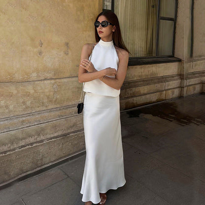 Acetate Satin White Sleeveless Halter Fishtail Suits