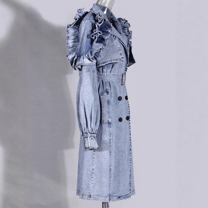 Women's Denim Trench Waist Lotus Leaf Fashion Jackets