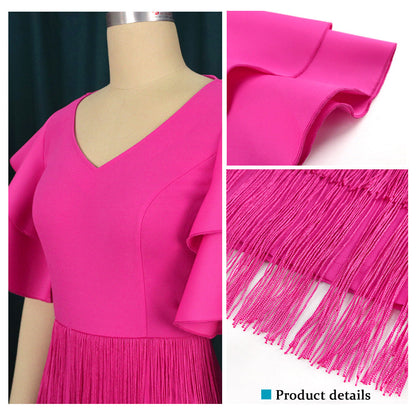Women's Ruffle Sleeve High Waist Tassel Party Dresses