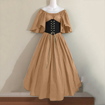 Women's Retro Color Contrast Patchwork Flying Sleeves Cinched Dresses