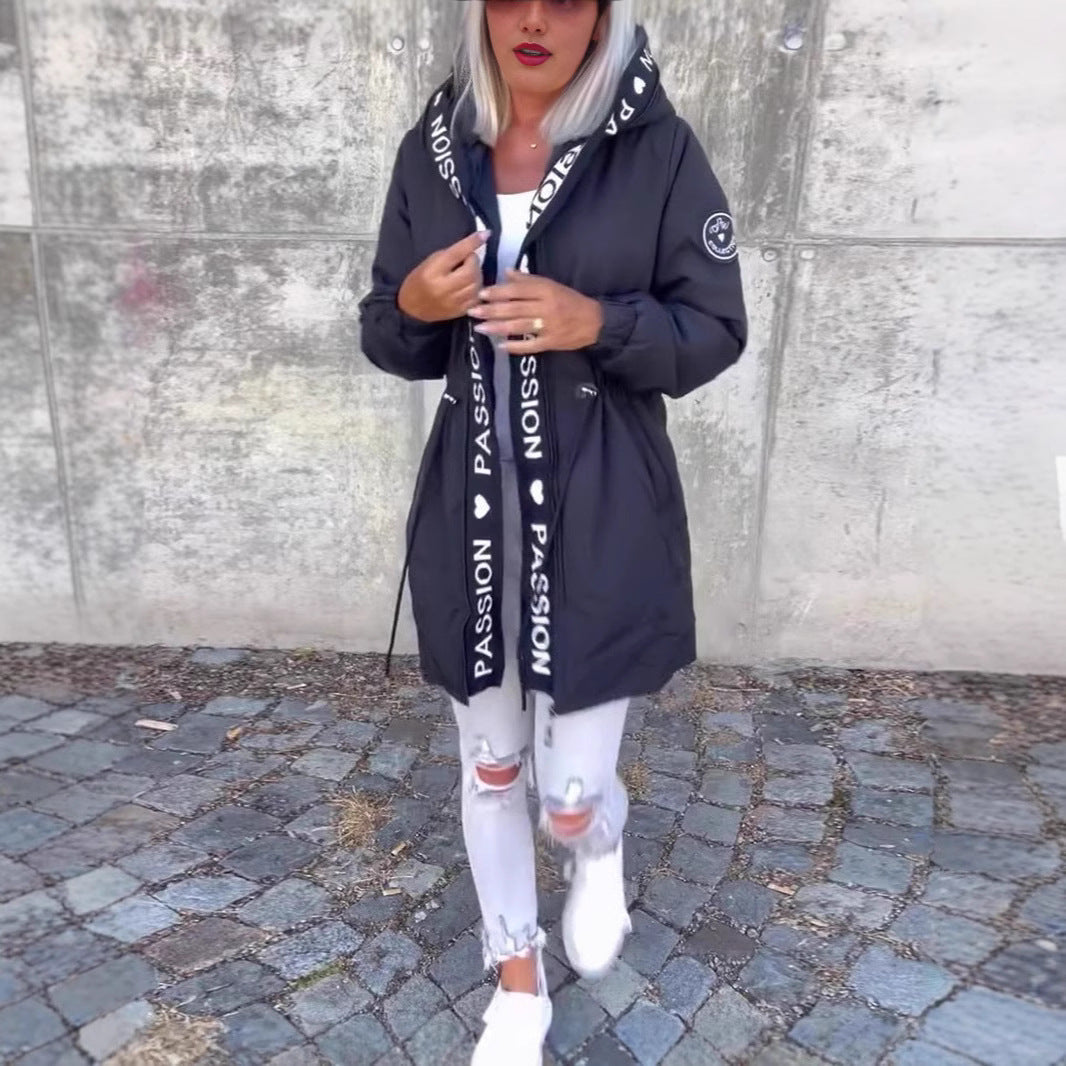 Women's Casual Drawstring Zipper Pocket Letters Coats