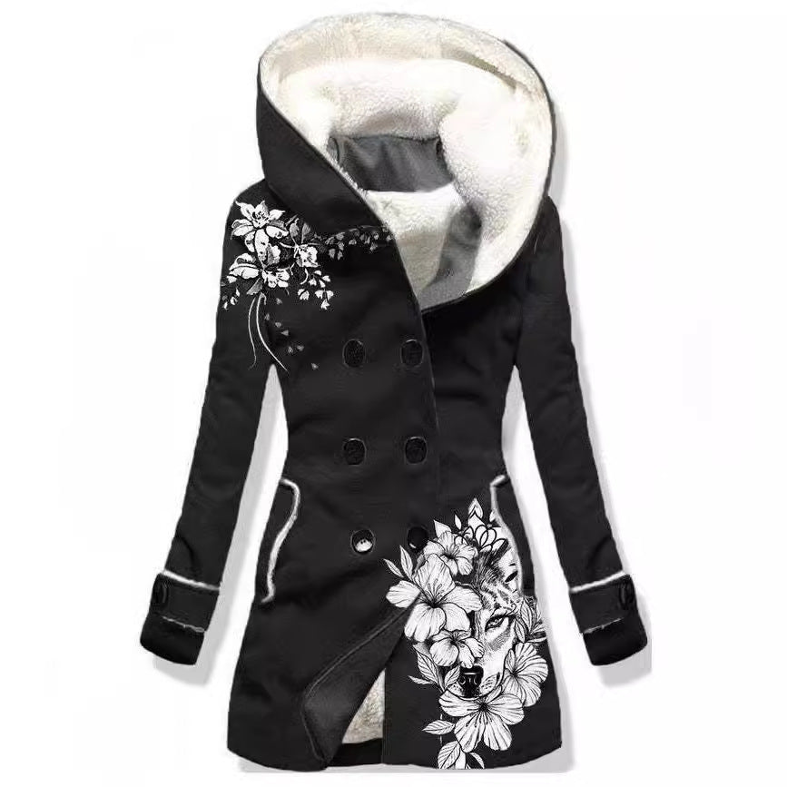 Women's Fleece-lined Double-breasted Hooded Solid Color Mid-length Coats