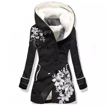 Women's Fleece-lined Double-breasted Hooded Solid Color Mid-length Coats