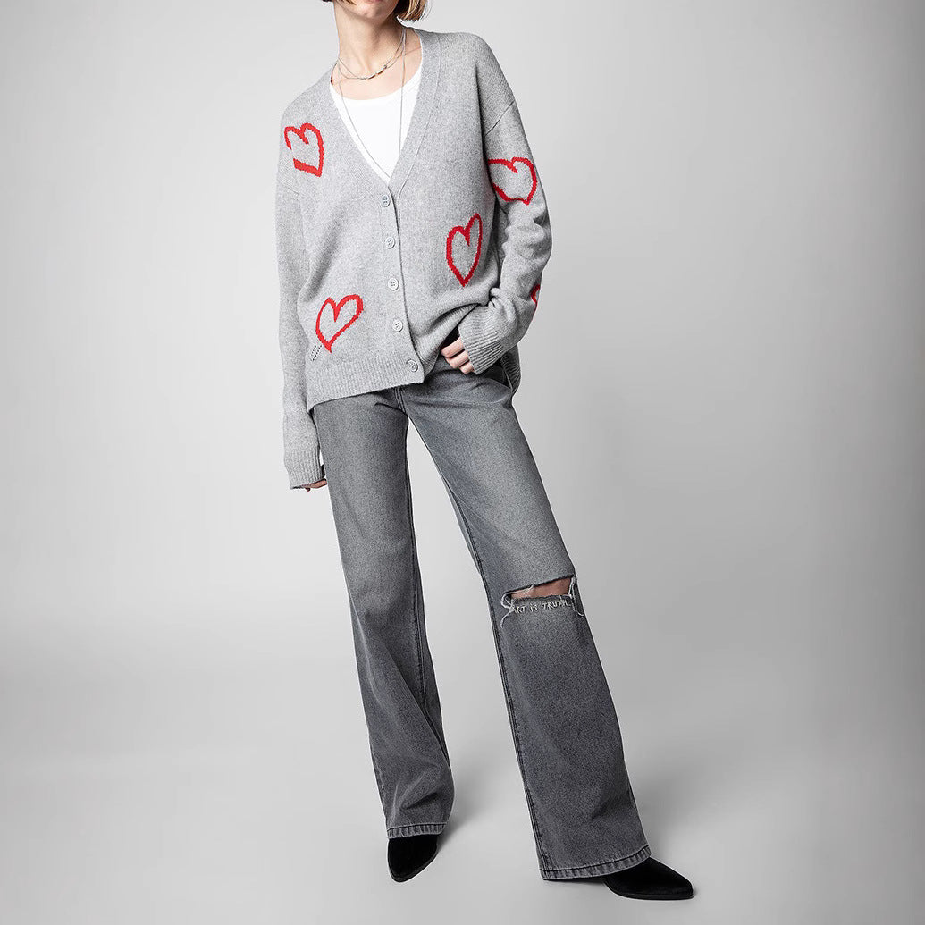 Women's Early Autumn French Niche Red Love Jacquard Sweaters
