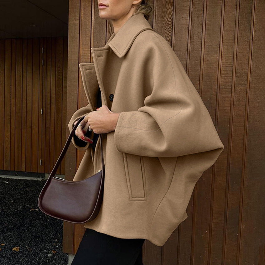 Women's Fashion High-grade Brown Woolen Lapel Batwing Coats