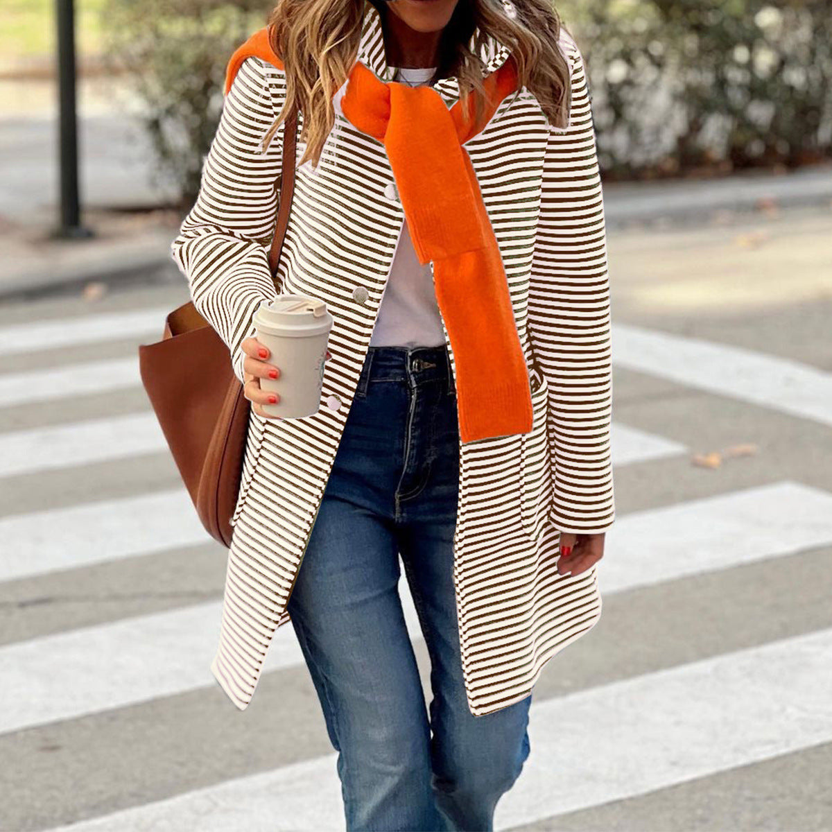 Women's Elegant Striped Hooded Knitted Long-sleeved Coats