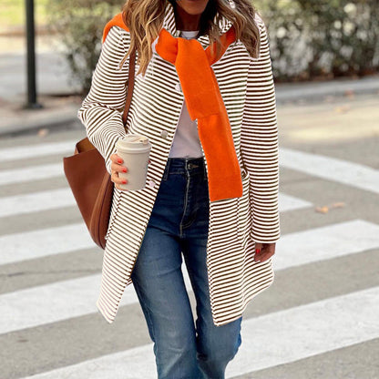 Women's Elegant Striped Hooded Knitted Long-sleeved Coats