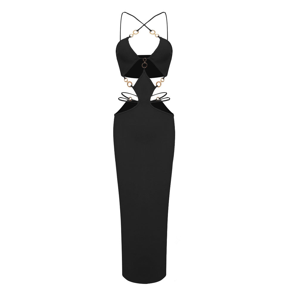 Women's Black Metal Ring Halter Bandage One-piece Dress Sexy Dresses