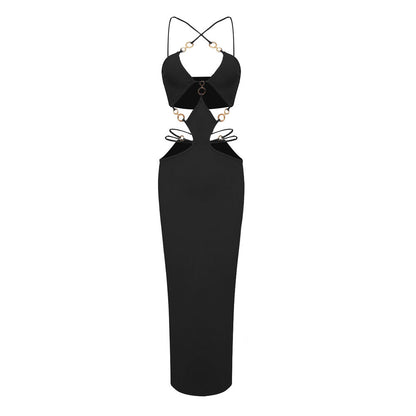 Women's Black Metal Ring Halter Bandage One-piece Dress Sexy Dresses