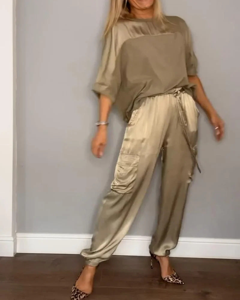 Women's Fashion Smooth Satin Half Sleeve Two-piece Suits