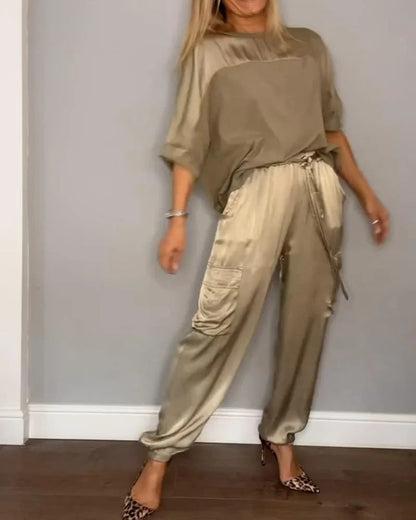 Women's Fashion Smooth Satin Half Sleeve Two-piece Suits