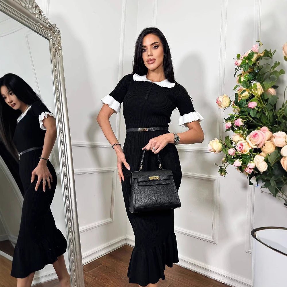 Women's Ruffled Classic Style Dress Summer Hepburn Tight Fishtail Sleeve Dresses