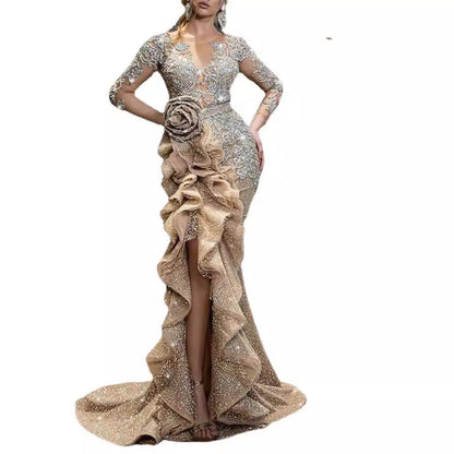 Women's Sexy Gold Long Sleeve Banquet Dress Wedding Dresses