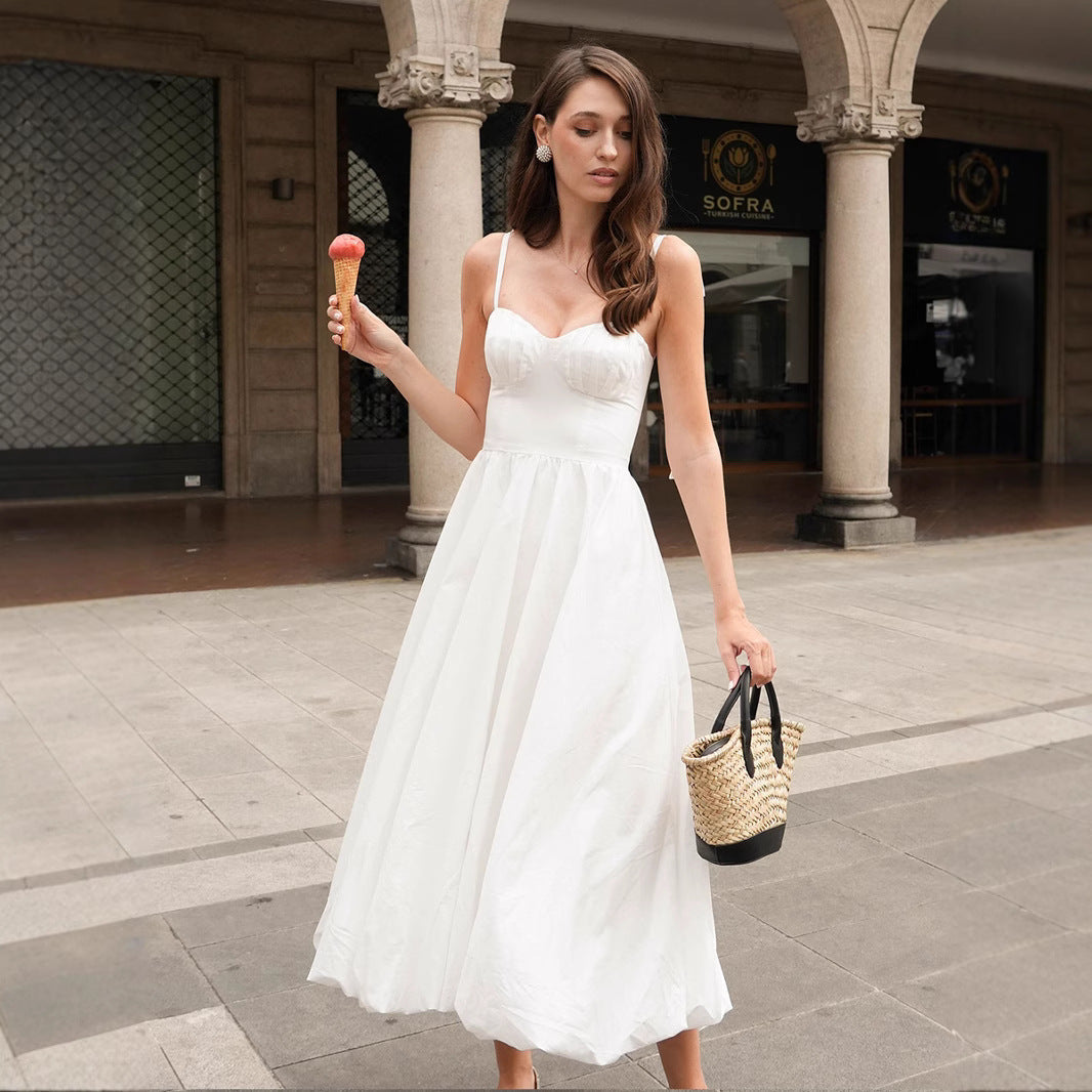 Women's Cotton Sling Balloon Dress Summer Waist Bubble Dresses