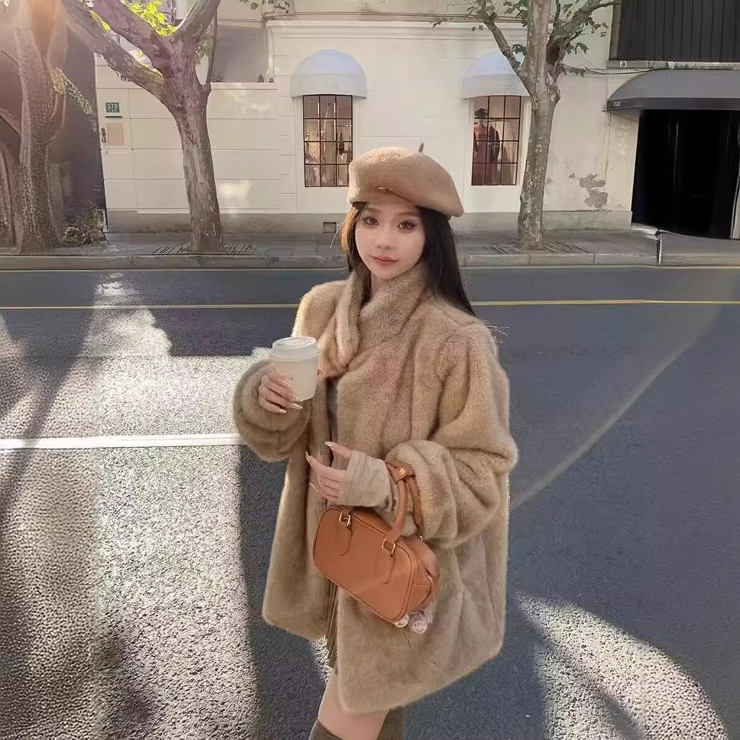 Women's Environmental Protection Artificial Plush Overcoat Mid-length Coats