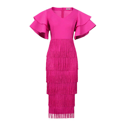 Women's Ruffle Sleeve High Waist Tassel Party Dresses