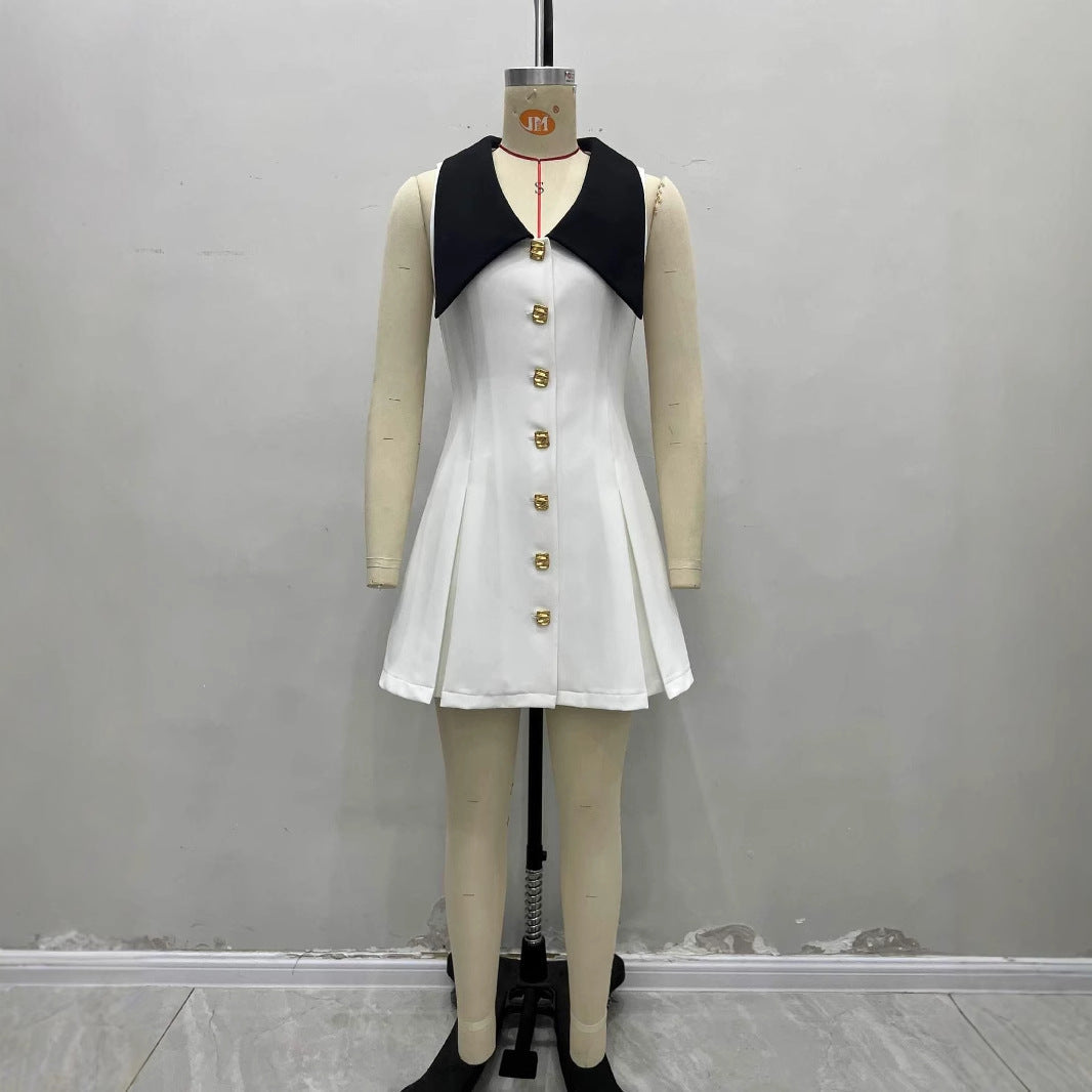 Metal Buckle Sleeveless Temperament Slimming Tuxedo Dresses
