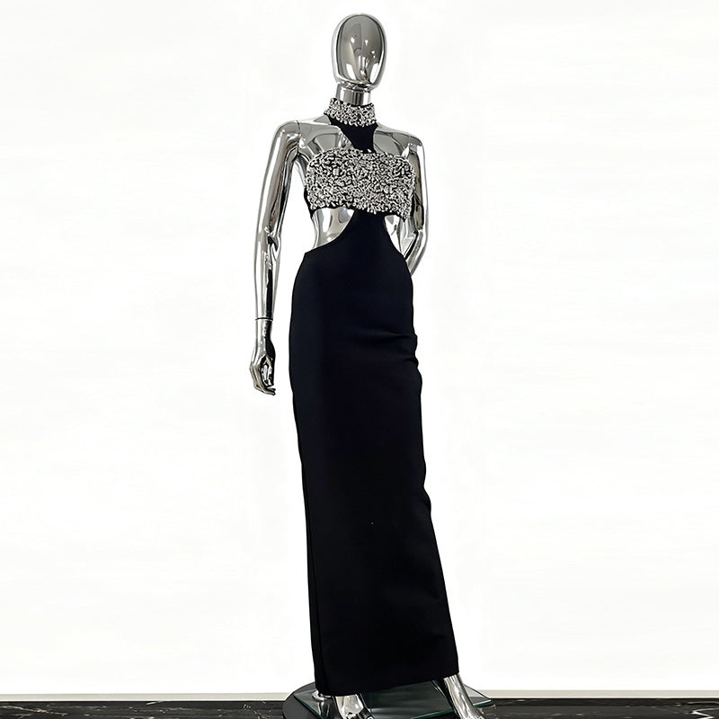 Women's Ball Diamond Halter Sleeveless Black Bandage Slim Dresses