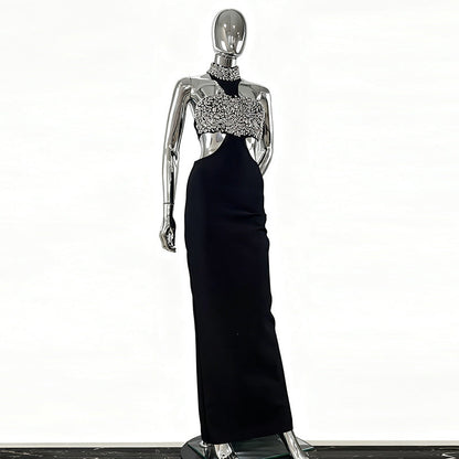 Women's Ball Diamond Halter Sleeveless Black Bandage Slim Dresses
