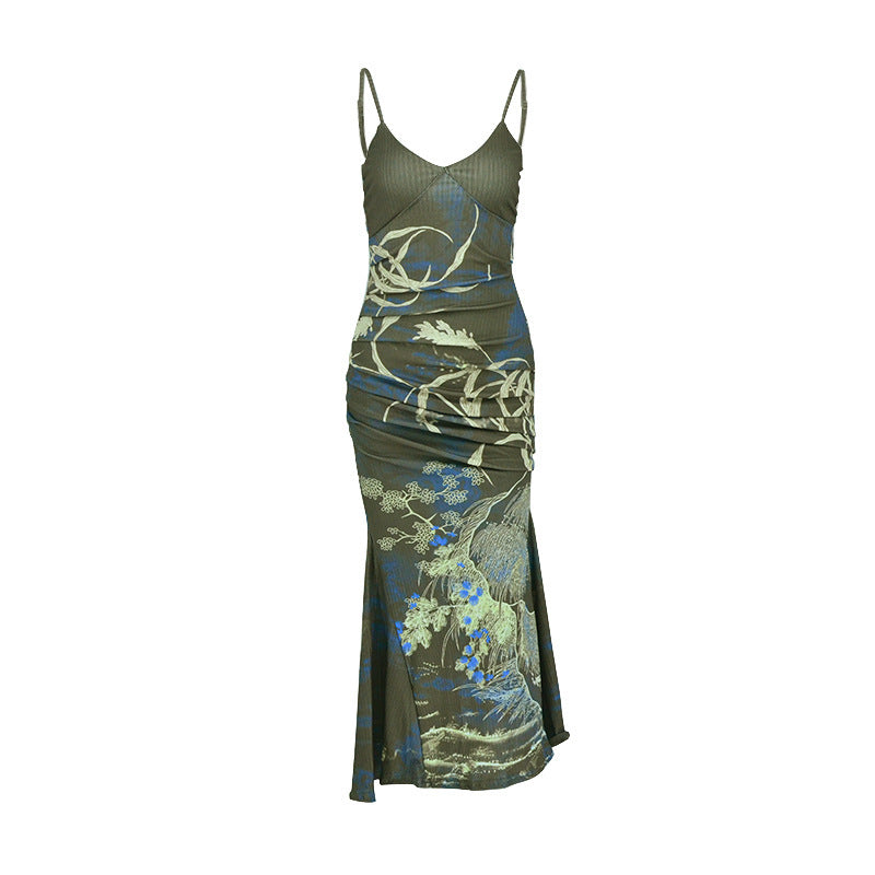 Women's Printed Pleating Long Strap Dress For Dresses