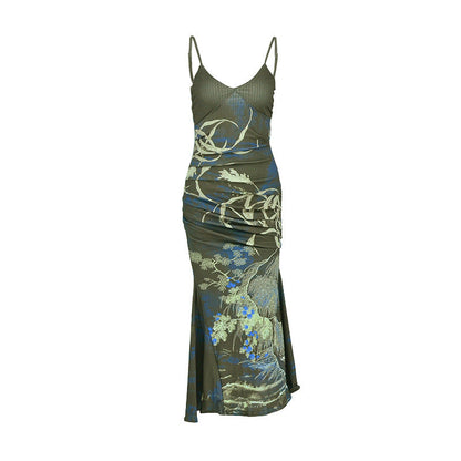 Women's Printed Pleating Long Strap Dress For Dresses