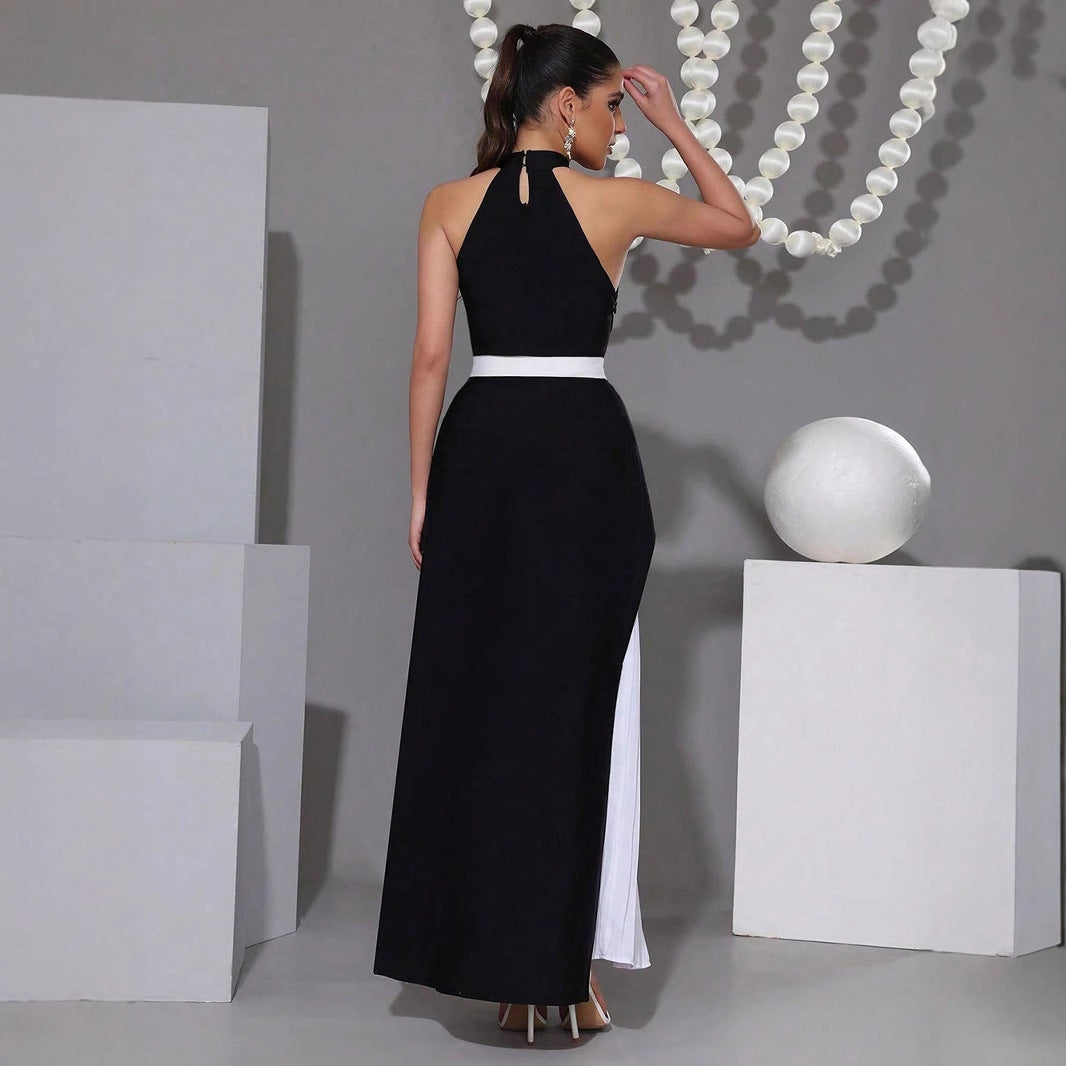Women's Luxury Black White Contrast Color Long Pleated Skirts