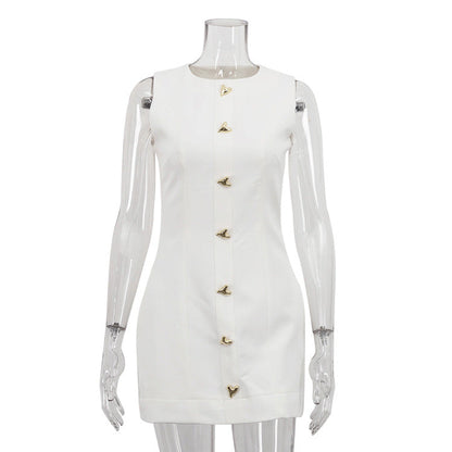 Women's White French Dress Sleeveless Round Neck Dresses