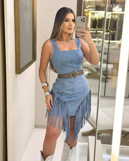Women's Square Collar Sling Tassel Dress Without Dresses