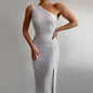 Women's Winter Pink Split Dress One Shoulder Dresses
