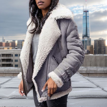 Women's Motorcycle Suede Lamb Wool Lapel Fur Coats