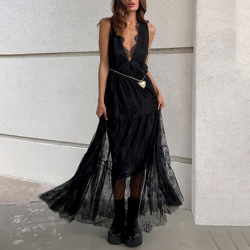 Women's Sexy Black Brocade Lace Temperament Dress Dresses